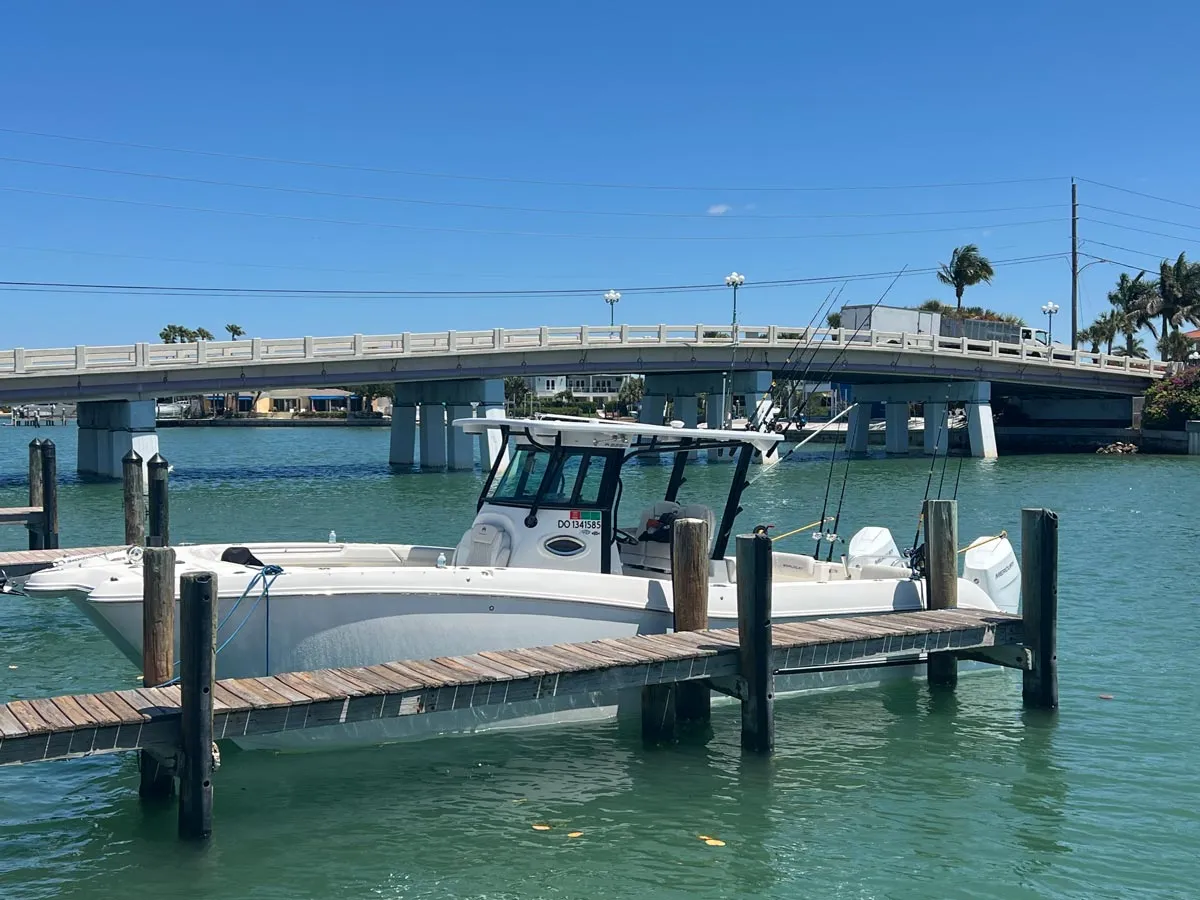 Phat Kat, 32 ft World Cat catamaran charter boat at the dock in St. Petersburg, FL